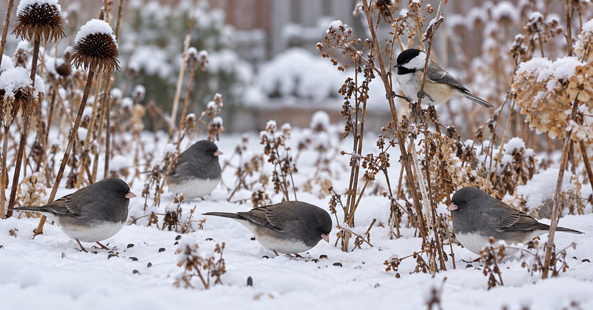Dark-eyed juncos foraging for seeds in the snow beneath dried coneflower stems while a black-capped chickadee perches nearby