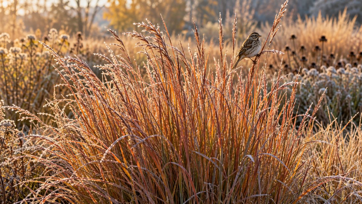 Frost-covered little bluestem prairie grass glowing copper in low autumn sun, with a sparrow perched on a seed stem