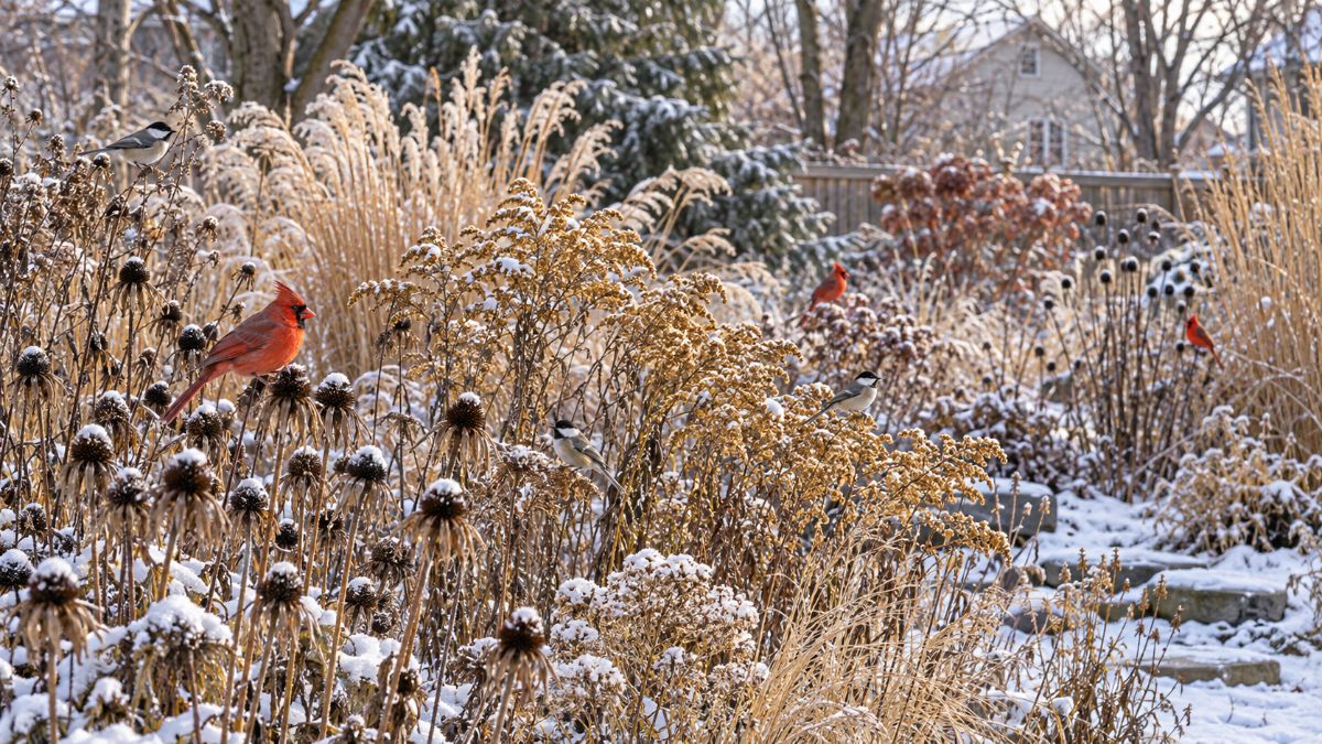 Uncut native backyard garden in winter with snow-dusted coneflower seed heads, goldenrod and prairie grasses, with cardinals and chickadees perched throughout